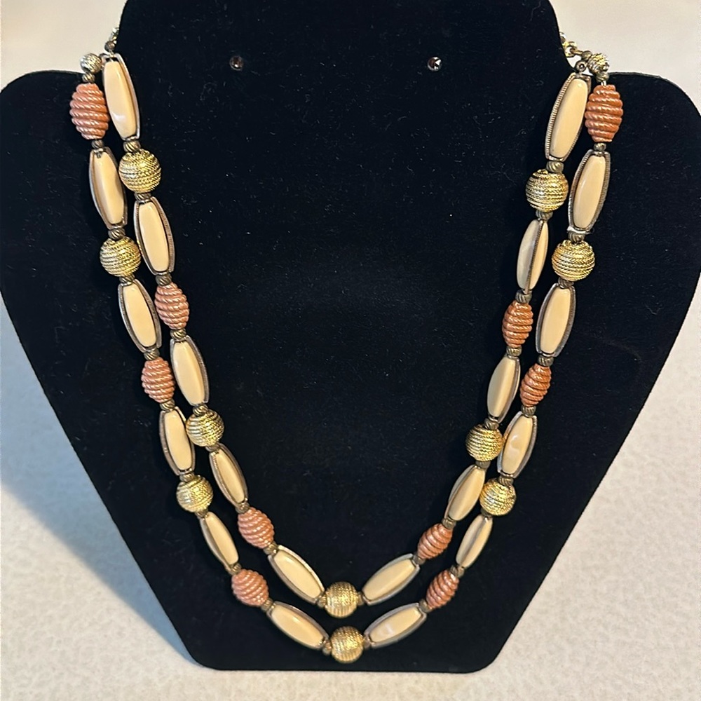 Vintage Hobe two strand necklace beige and gold tones (699)
